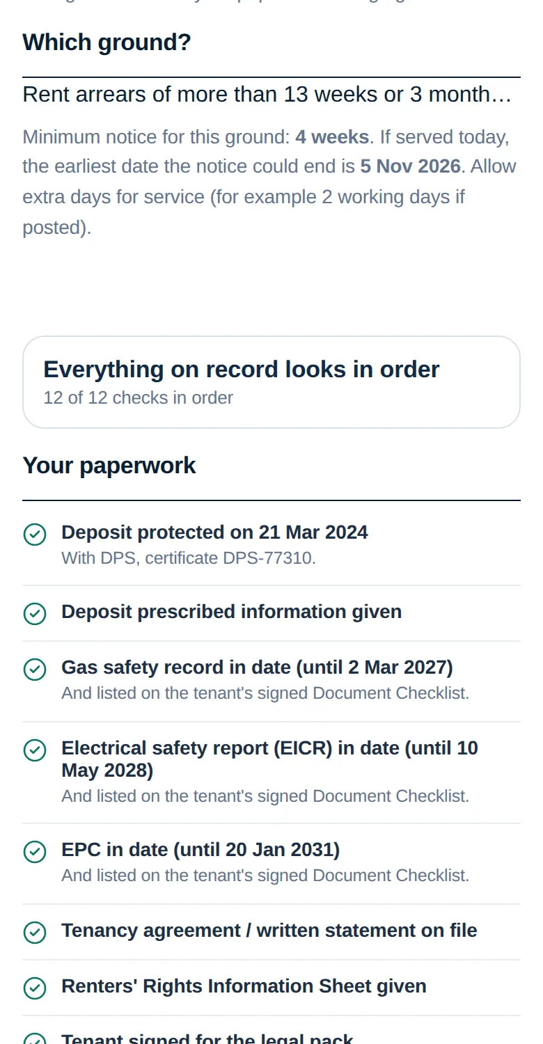 The notice checker for rent arrears: four weeks' notice, the earliest end date, and twelve of twelve paperwork checks in order.