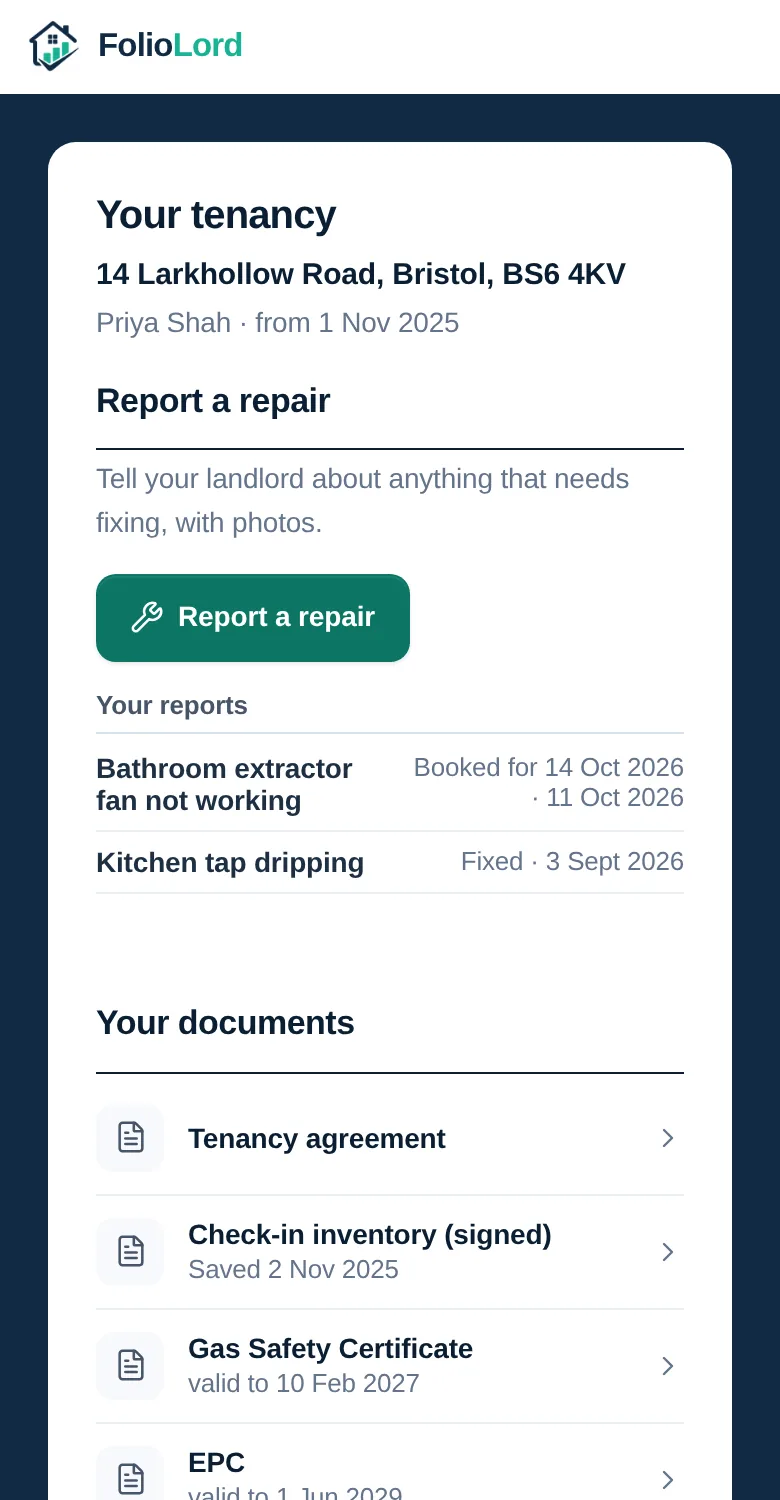 The tenant's portal: report a repair, the status of earlier reports, and their tenancy documents.