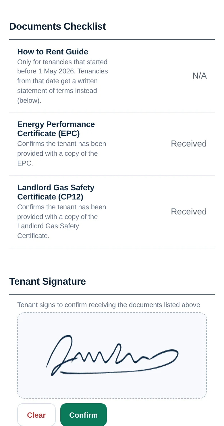 A tenant's document checklist on a phone, with each document marked as received and the tenant's signature underneath.